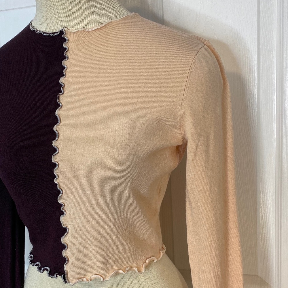 Twik Y2K Style Brown Pink Long Sleeve Crop Top Colorblock Petite Small - Picture 6 of 17